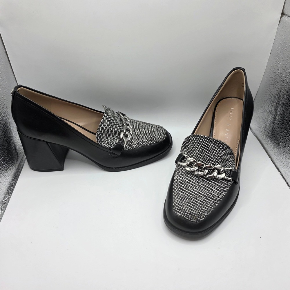 Kelly & Katie Tonnia Women Black Tweed Chain Block Heel Loafer Pumps Size 7.5M